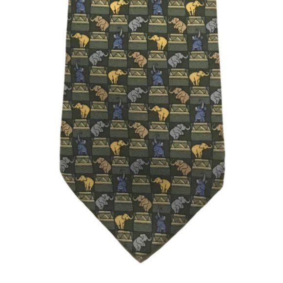 Tommy Hilfiger Necktie Tie Circus Elephants Peanuts Green Blue Yellow 58" - Picture 1 of 7